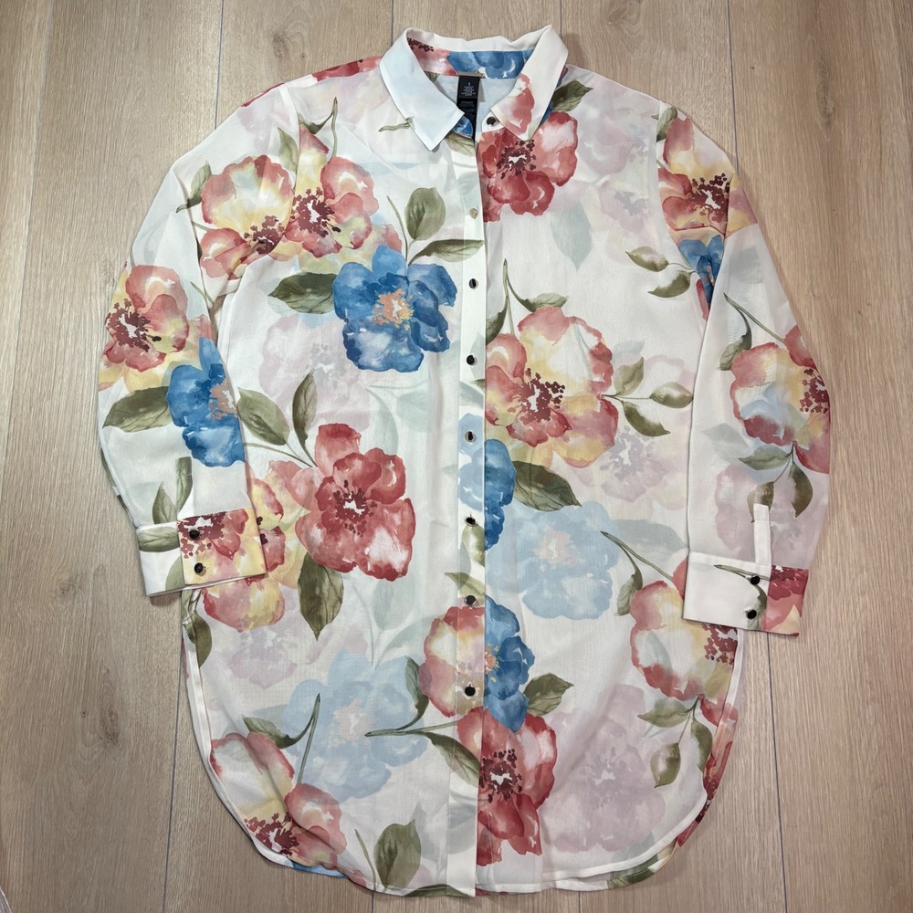 Chicos Black Label Floral Watercolor Button Down Tunic Blouse White Red Blue 1